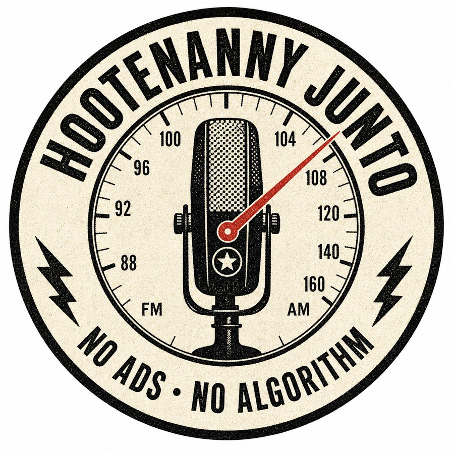 Radio Dial — one-inch Hootenanny Junto sticker design